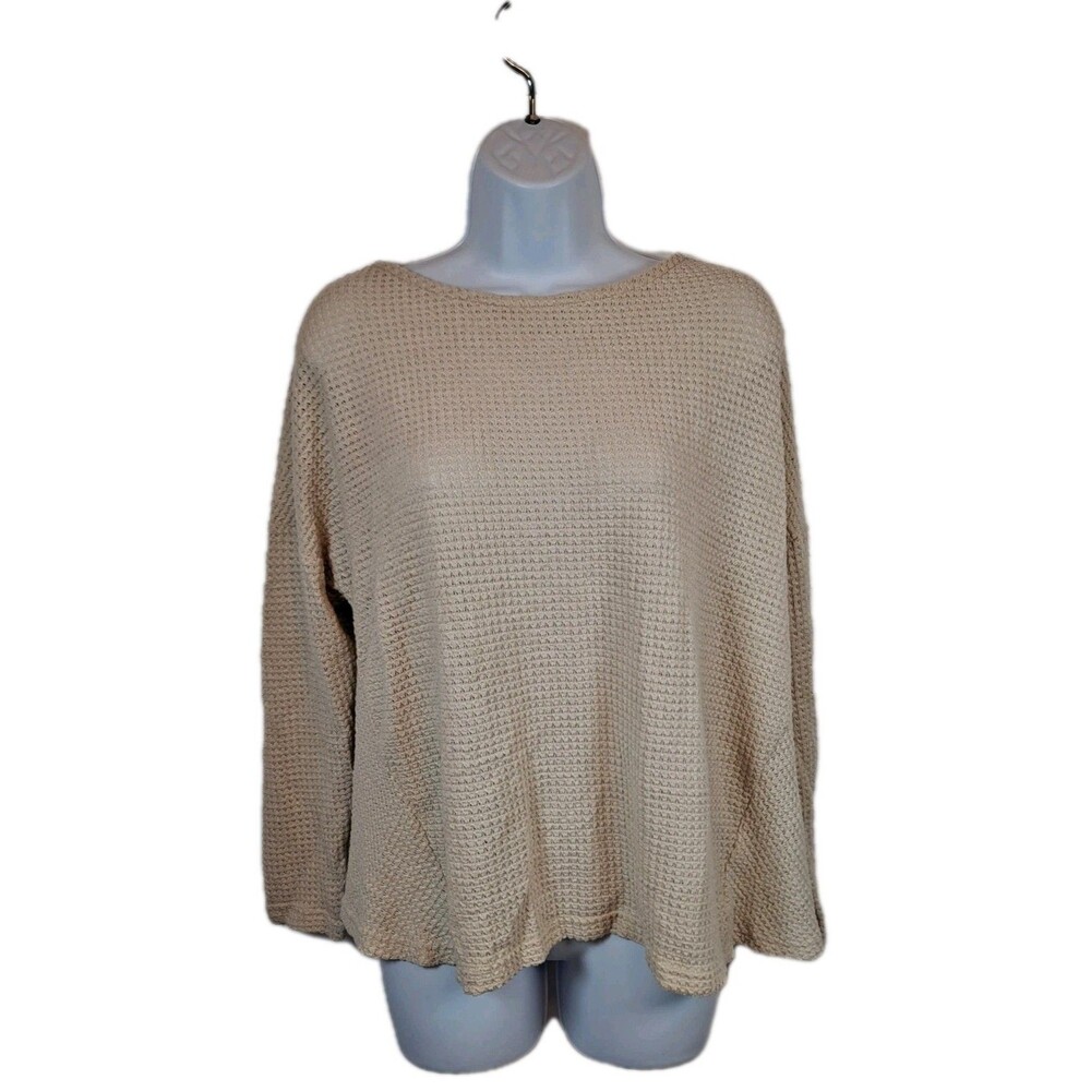 She + Sky Women's Size S Waffle Knit Top Twisted Knot Plunge V In Back Beige